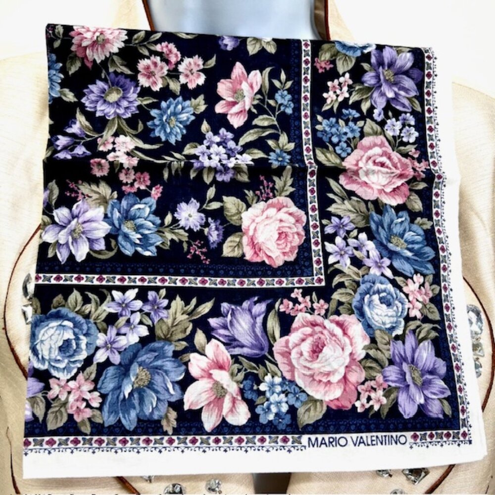 New Mario Valentino Mini Scarf/Handkerchief cotton 17.5". Blue Pink Floral (730
